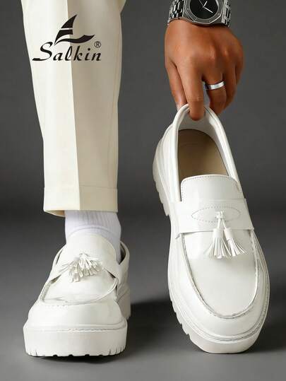 Salkin 简约设计师男士乐福鞋，便捷的套脚休闲鞋，厚底增高鞋，亮白色皮革，柔软纯色正装鞋，现代生活平价奢华之选，柔软舒适的圆头正式皮鞋，优雅绅士商务橡胶底日常步行鞋，适合情侣、外出、公园、派对、婚礼等场合，时尚新郎鞋，社交场合礼品，四季皆宜。尺码偏小，建议选购大一码。