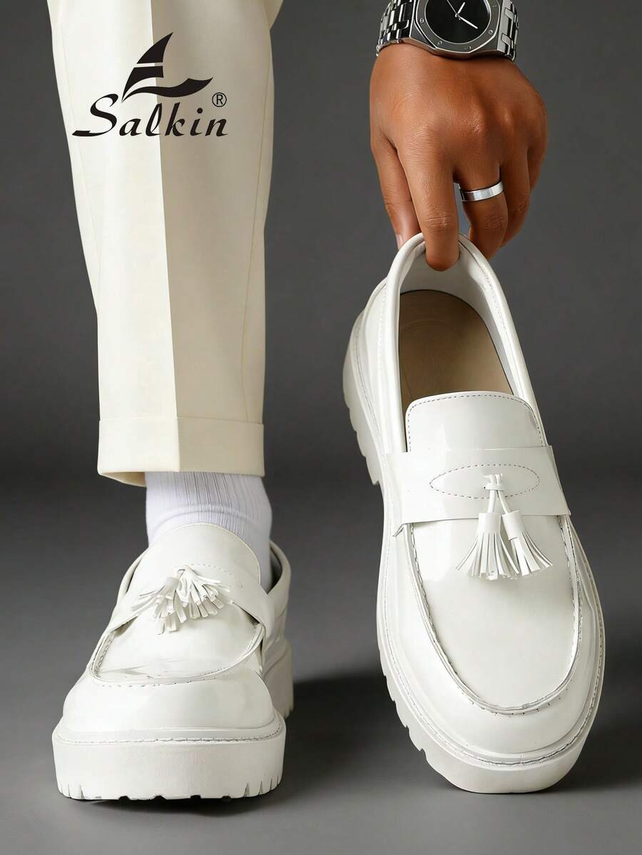 Salkin 简约设计师男士乐福鞋，便捷的套脚休闲鞋，厚底增高鞋，亮白色皮革，柔软纯色正装鞋，现代生活平价奢华之选，柔软舒适的圆头正式皮鞋，优雅绅士商务橡胶底日常步行鞋，适合情侣、外出、公园、派对、婚礼等场合，时尚新郎鞋，社交场合礼品，四季皆宜。尺码偏小，建议选购大一码。 - 白色 - 查看 1