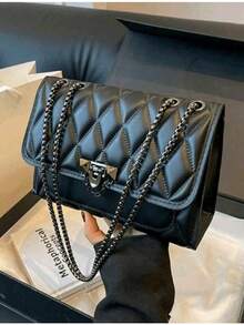 LEATVOOK Elegant Black Quilted Crossbody Bag For Women With Golden-Tone Clasp & Metal Chain Strap - Lightweight Shoulder Purse, Adjustable Strap, Polyester Lined, Urban Fashion Accessory, Versatile Shoulder Bag | Quilted Design | Purse, Small Crossbody Bag, Best Valentine's Day Gifts.. - màu đen - Xem 2
