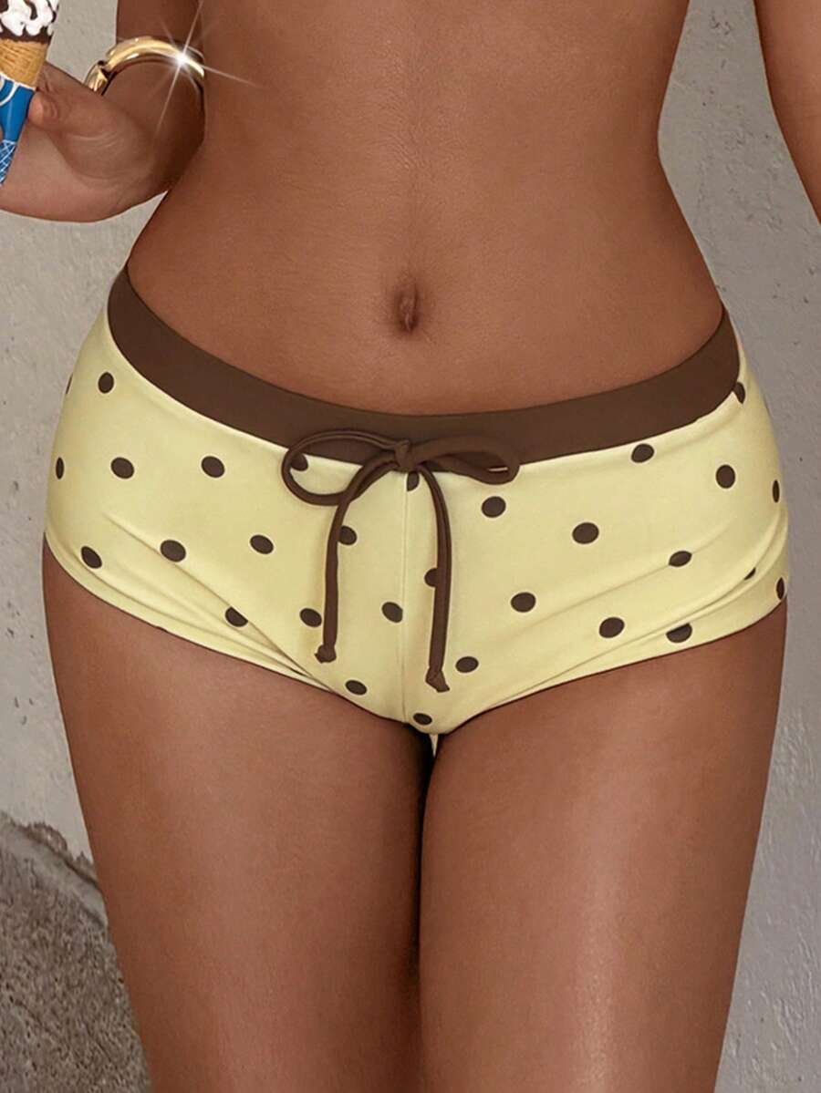 Bộ bikini chấm bi cổ điển dành cho nữ, màu vàng và nâu, đồ bơi thời trang phù hợp cho các buổi tiệc bơi và kỳ nghỉ hè ở bãi biển. - Vàng nhạt - Xem 1
