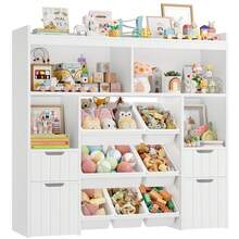 Scaffale per bambini da 122 cm con scatole su ruote, libreria per bambini con 4 scomparti portaoggetti - Bianco - Visualizzare 8