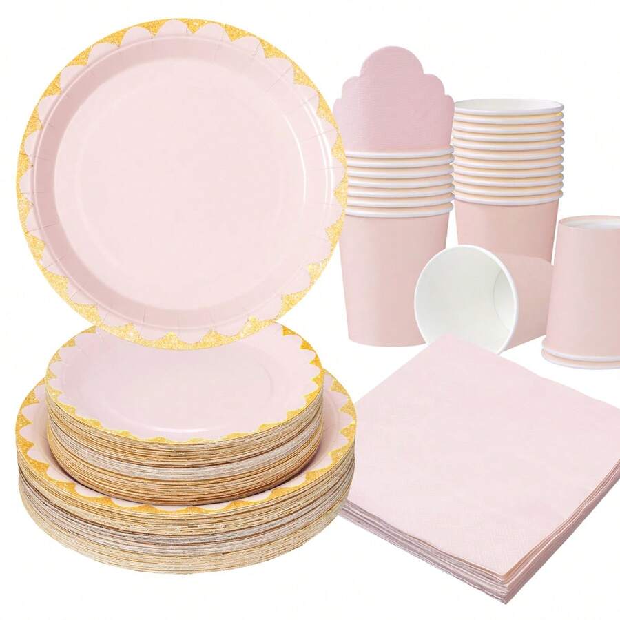 Pastel Pink Rimmed Disposable Tableware Set, 7/9 Inch Party Plates, Disposable Paper Plates, Cups, Napkins, Suitable For Holidays, Weddings, Engagements, Birthdays, Parties, Celebrations - Multicolor - View 1