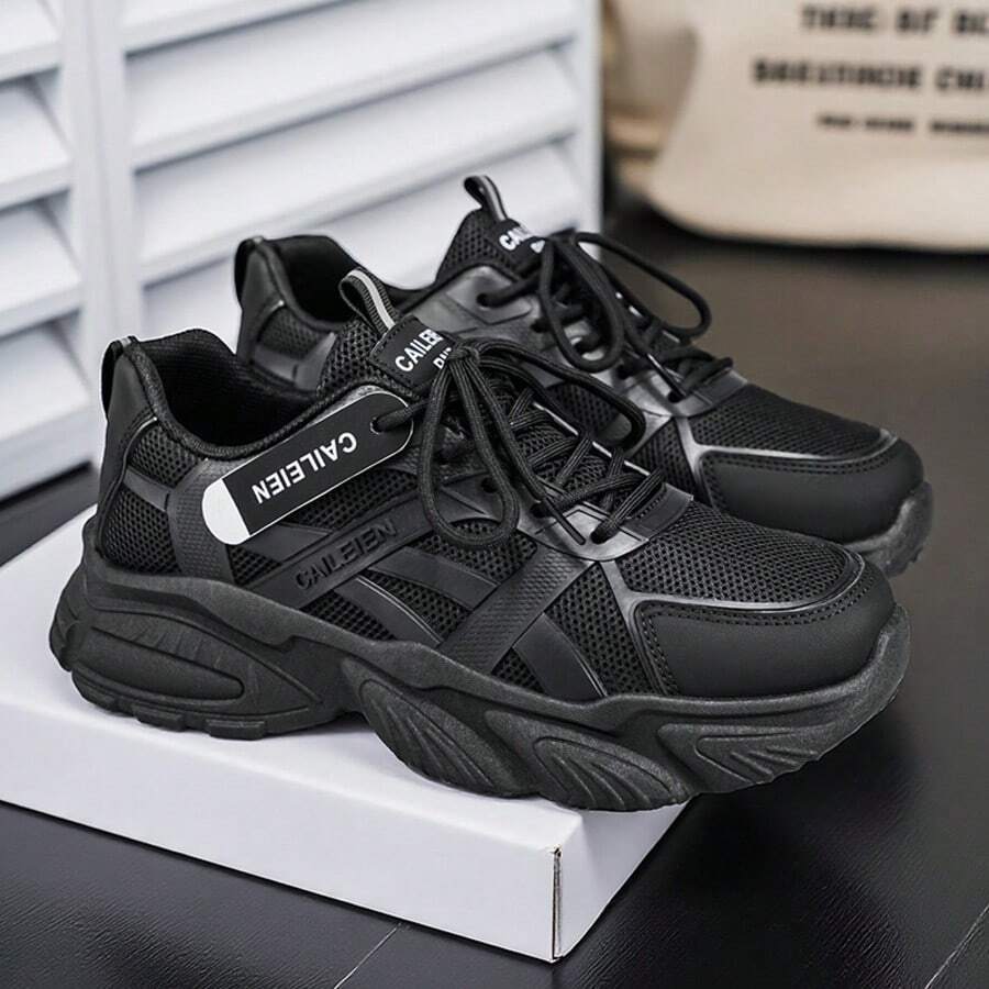 Giày thể thao nam kiểu dáng thường ngày phổ biến ở châu Âu và Mỹ, giày chạy bộ thấp cổ buộc dây thoáng khí, giày chạy bộ mùa hè thời trang. - màu đen - Xem 1