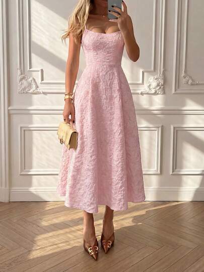 Floreya 夏季婚礼优雅纯色精致轻盈连衣裙，修身腰部吊带中长连衣裙，粉色派对