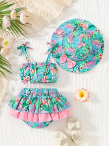 Set de 3 piezas de camiseta de tirantes, bralette y pantaleta con estampado a cuadros lindo y casual para bebé/niña pequeña con gorro - Multicolor - Ver 2