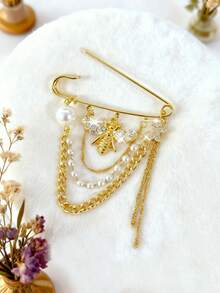 1枚金色蜜蜂蝴蝶水钻胸针，配多层链条流苏，复古风格安全别针，适合搭配西装、连衣裙、围巾、毛衣、正式礼服、裤链，时尚派对珠宝配饰，女士礼物（珍珠链和珠子数量随机） - 金色 - 查看 5