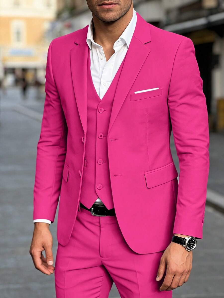 3 Piece Suit Set Men Suit Set Classic Blazer Vest Pants Formal Business Wedding Office Slim Fit Suits For Men Traje De Hombre Elegante Men Suits Men's Suit Magenta Suit For Men - 玫紅色 - 查看 1