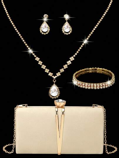Conjunto de joias com strass, colar, brincos e pulseiras brilhantes para mulheres, bolsa de mão para festa de casamento, bolsa de cetim dourada, bolsa de metal em formato de V com decoração, bolsa de ombro feminina com corrente de metal removível para casamento e festa, bolsa de mão feminina, bolsa de mão feminina para festa de noite, bolsa de mão brilhante versátil para coquetel, casamento, carteira nova para banquete