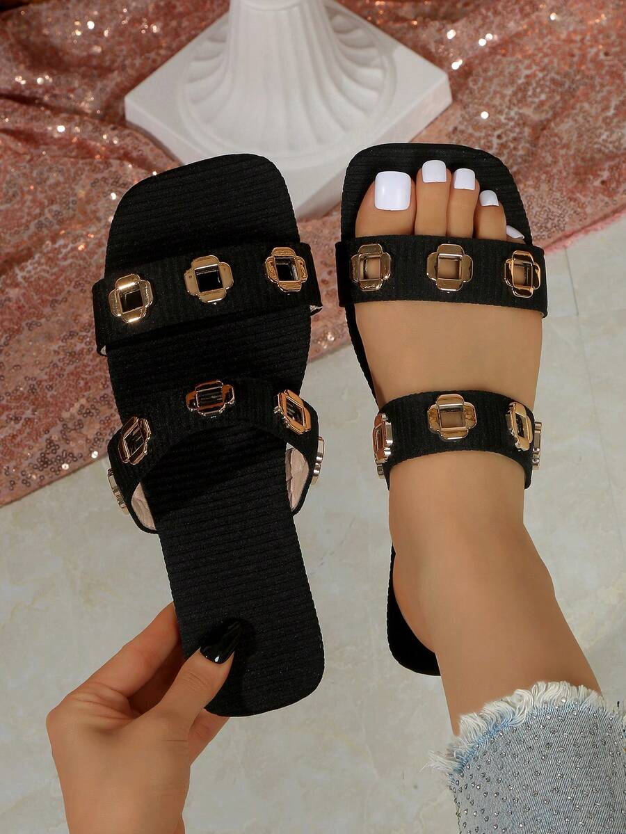 1双优雅女士方头金属扣装饰绑带凉拖,多功能户外/沙滩/休闲/通勤穿着,PU皮革一脚蹬拖鞋,适合沙滩、度假、派对、居家穿着 - 黑色 - 查看 1