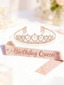1 Set Rose Gold Birthday Queen Belt And Crown Set - Glitter Belt And Rhinestone Crown - Birthday Party Gift, Elegant Princess Crown Birthday Party Decor, Mom Sister Birthday Gift Hair Accessory - Rose Gold - View 1