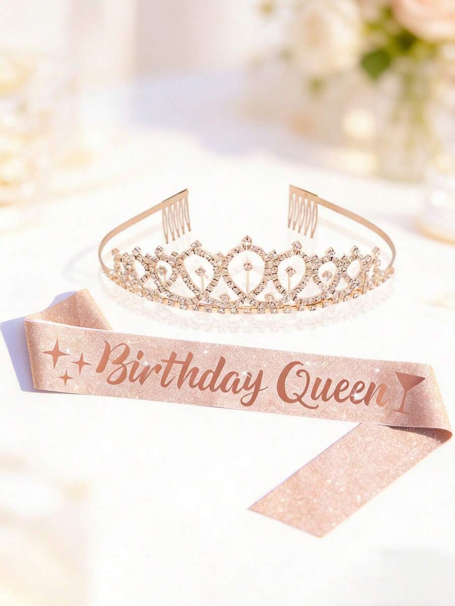 1 Set Rose Gold Birthday Queen Belt And Crown Set - Glitter Belt And Rhinestone Crown - Birthday Party Gift, Elegant Princess Crown Birthday Party Decor, Mom Sister Birthday Gift Hair Accessory - Rose Gold - View 1