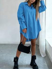 Women's Solid Color Button Front Short In Front Long In Back Long Sleeve Shirt - Blue - View 3