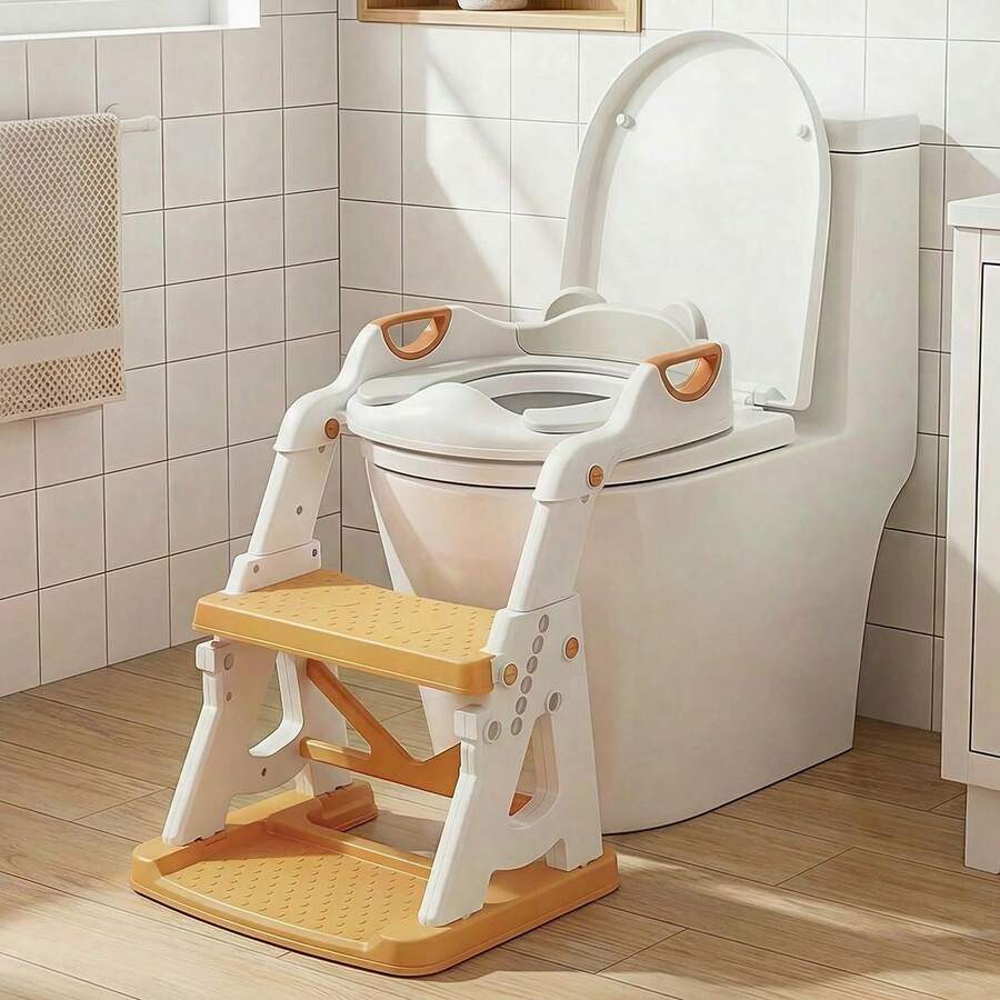 Agislone Foldable Toddler Toilet Seat With Step Stool - 2 In 1 Adjustable Height Potty Training Seat | Stable Triangle Structure | Splash Guard | Anti-Slip Pedal - For Boys & Girls (Grey) - Yellow - View 1