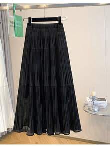 LuminousWealth Women's Elegant Pleated Maxi Skirt - Solid Color High Waist, Flowing Design, Suitable For All Seasons, High Waist Skirt Black Spring - Black - View 14