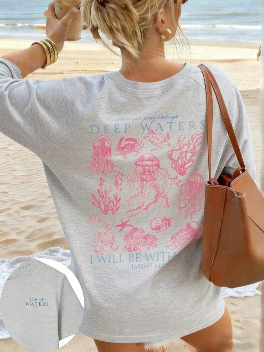 Women's Summer New Simple Cute Marine Life Print Casual Vacation Style Loose Versatile Round Neck White Short-Sleeved T-Shirt Fashionable Daily Tops Suitable For Daily Vacation Wear. Graphic Tees Women Pink Top-Unisex Comfortable Vintage Street Style Loose-Fit Washed T-Shirt - 灰色 - 查看 1