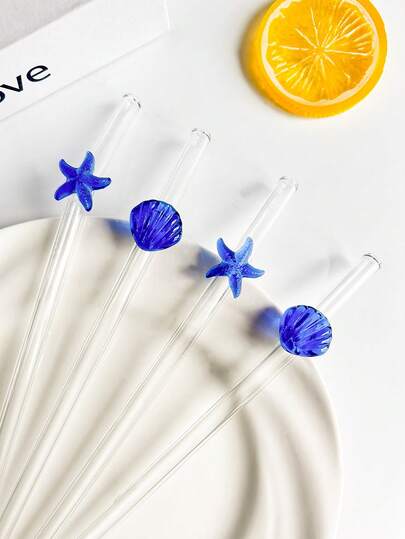 1/2pcs Cute Blue Starfish/Shell Glass Straw Set, Reusable Bent Thick Glass Straw Tableware Set, Suitable For Kitchen Accessories, Straw Decor, Cold Drinks, Milk Tea, Coffee, Juice, Smoothie, Home, Restaurant, Hen Party, Wedding, Cocktail Party, Back To School, Fun Gift For Girlfriend/Boyfriend, Parents, Friends, Summer, Easter Gift