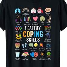 Plus Size, Healthy Coping Skills Counselor Mental Health Awareness T-Shirt Women's Size, Black, Machine Washable, , Round Neck, 1pc, Suitable For, S, Parties, Competitions, Women's Short Sleeve T-Shirt Crew Neck Casual Tee For Daily Wear And Travel - 黑色 - 查看 7