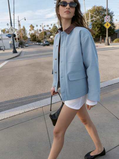 ZAHM Women's Vintage Casual Loose Patchwork Denim Collar Lightweight Windbreaker Jacket, Spring