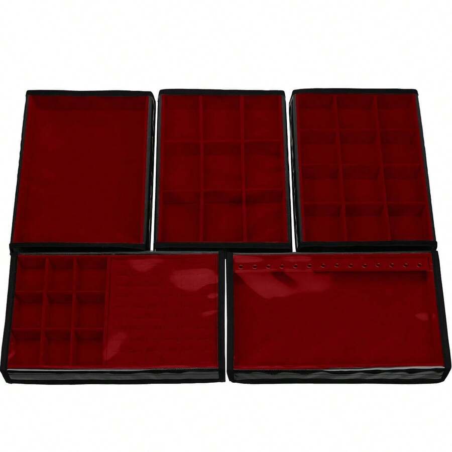 5 Large Jewelry Trays In Velvet Faux Leather (33x22cm) With Cover - 紅色 - 查看 1