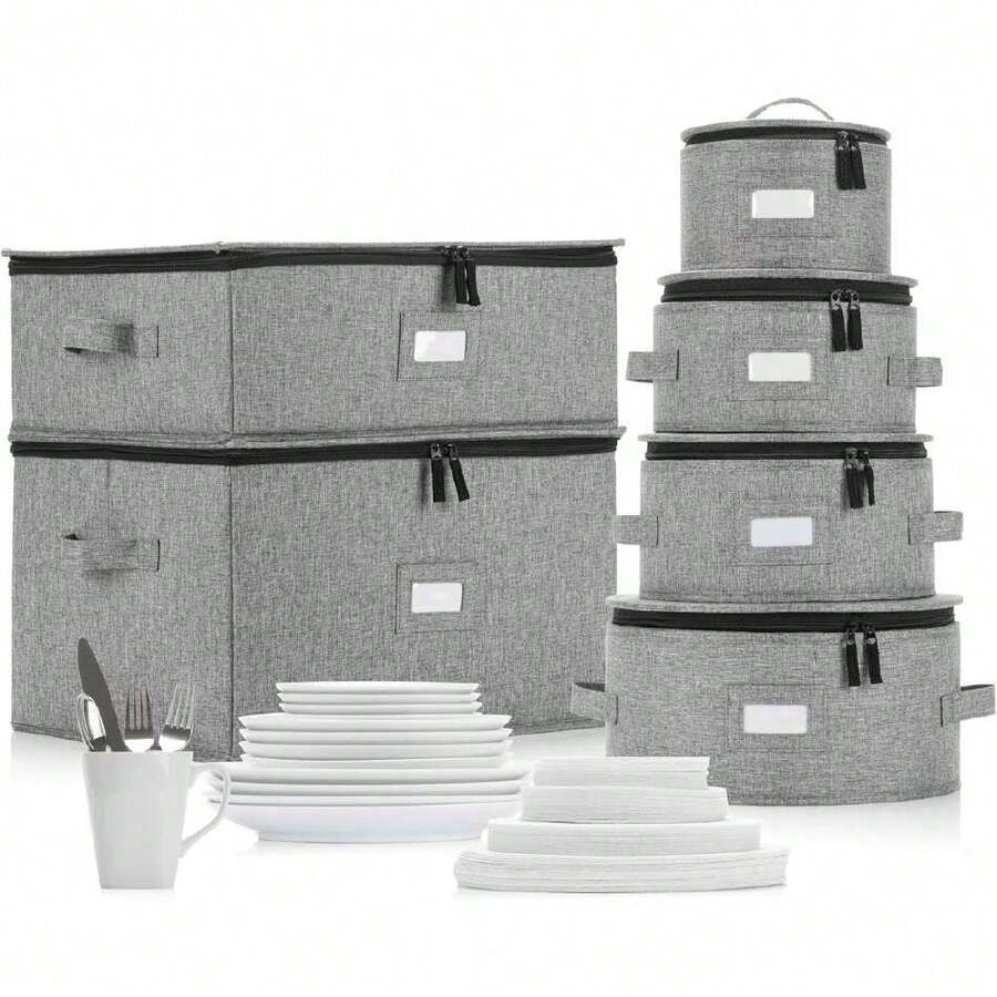 6-Piece Hard Shell Porcelain Storage Containers For Cups, Mugs, Wine Glasses, And Plates - Heavy Duty Tableware Storage, 44493844 - 駝色 - 查看 1