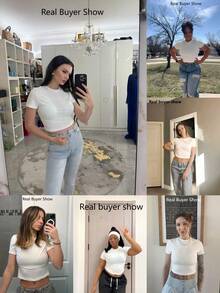 Camiseta de mujer de manga corta, cuello redondo, ajuste ceñido, estilo casual para primavera y verano, camiseta de mujer, top básico de mujer, top corto, top para exteriores en color blanco - Blanco - Ver 9
