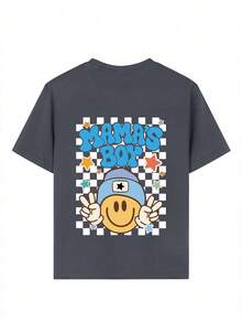 男童休闲印花圆领短袖T恤，夏季上衣 - 深灰色 - 查看 7