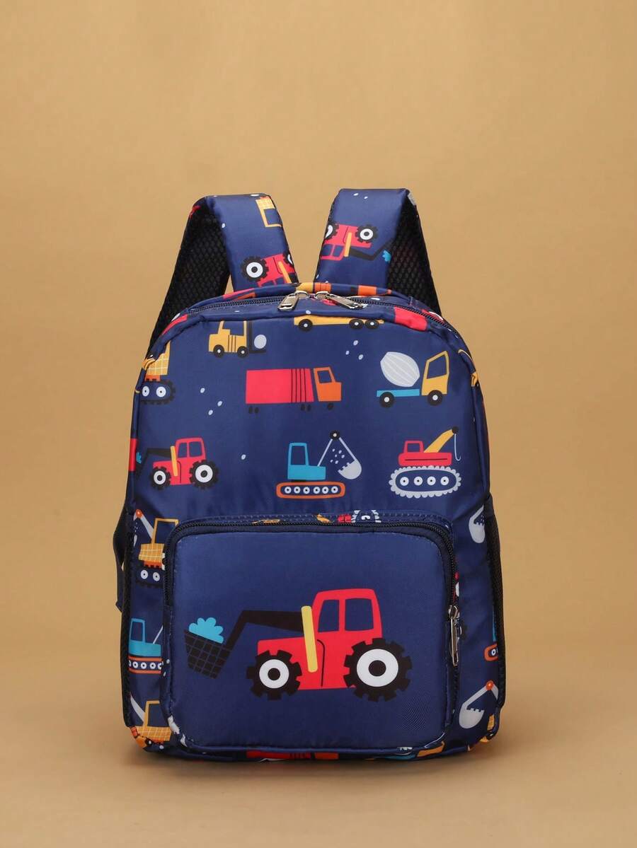 Cute Cartoon Excavator Printed Backpack, Random Print Placement - Deep Blue Excavator - View 1