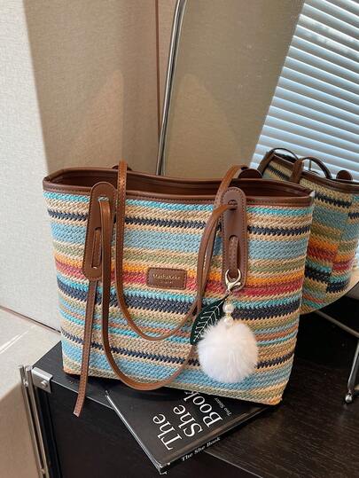 Túi tote bằng rơm dệt sọc cầu vồng thời trang mới với phụ kiện trang trí - Túi đeo vai bằng rơm mùa hè, túi đi biển dung tích lớn, hoàn hảo cho kỳ nghỉ biển, đi làm hàng ngày và đi làm.