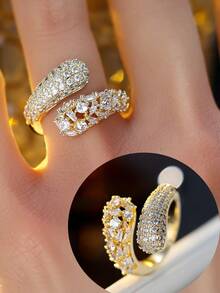 1pc Exquisite Zirconia Inlaid Ring With Asymmetrical Open Design, Elegant Style Suitable For Commuting And Versatile Wear - Open Ring - View 4