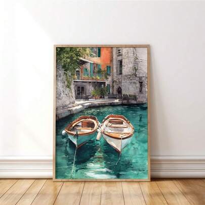 1PC Mediterranean Harbor Wall Art, Italian Canal Boats Print, Coastal Village Water Scene Decor, European Summer Small Boat Scenery Poster, No Frame