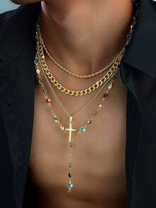 4 piezas Collar en forma de Y con colgante de cruz de cristal colorido y minimalista de acero inoxidable, estilo bohemio de moda, multicapa, casual, para playa, vacaciones, citas, uso diario, regalo versátil para novio, amigo, padre - Amarillo Oro - Ver 7