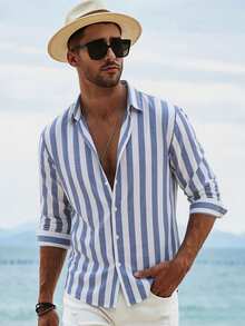 Camisa casual de manga larga con patrón de rayas para playa y vacaciones - Azul - Ver 1