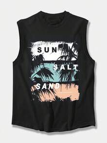 Hombre chaleco sin mangas playa vestido vacacional chaleco de cuello redondo hombre top casual - Negro - Ver 4