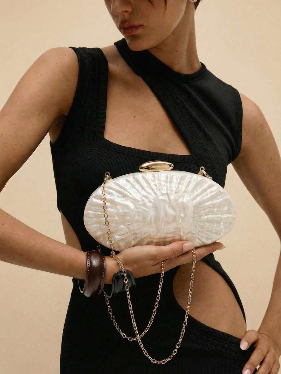SHEIN Glamour 别致简约大理石纹亚克力手拿包，独特蛋形个性化派对链条单肩包 - 香檳色 - 查看 1