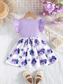 Baby Girls' Summer Cap Sleeve Ribbed Patchwork Cute Bow Floral Print Sweet Dress - Purple - View 3