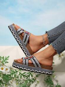 2026 Spring/Summer New Women's Sandals, Double Strap, Rhinestone Fashionable Thick-Soled Slippers, Random Floral Patterns, Essential For Vacation & Beach, Suitable For All-Day Wear - Black - View 3