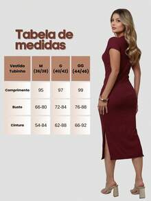 Women's Ribbed Midi Dress, Fitted Bodycon, Short Sleeves, Side Slit, Elegant Look - Burgundy - View 7