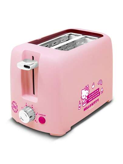 RCA SANRIO Tostador de Pan 2 Rebanadas, HK-T2, 6 Niveles, 750 W, Imprime Carita Hello Kitty en el Pan, Desayunos Rápidos y Uniformes en Casa, Autocentrado, Botón Cancelar, Bandeja de Migas, Rosa.