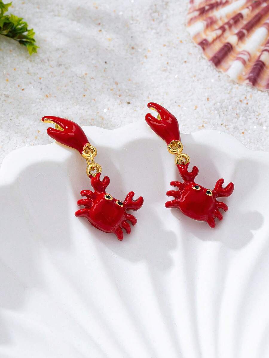1 Đôi bông tai men đỏ thiết kế hình càng cua độc đáo, kiểu dáng động vật biển hoạt hình dễ thương, phong cách Boho bãi biển. - Đỏ - Xem 1