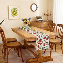 1pc Strawberry & Wild Flower Pattern Tablecloth, Suitable For Kitchen And Dining Table Decor For Home Gatherings, Spring/Summer - Red - View 7