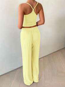 GAOVOT 女士性感休闲深V领吊带背心和宽松直筒裤两件套，秋季 - 黃色 - 查看 2