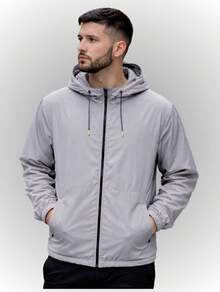 Men's Plain Windbreaker Jacket With Hood, Pocket, And Zipper - Spring/Autumn/Winter - All - Regular Fit - Drawstring/Zipper - Christmas, Teacher's Day, Thanksgiving - Grey - View 1