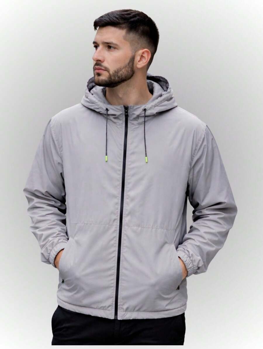Men's Plain Windbreaker Jacket With Hood, Pocket, And Zipper - Spring/Autumn/Winter - All - Regular Fit - Drawstring/Zipper - Christmas, Teacher's Day, Thanksgiving - Grey - View 1