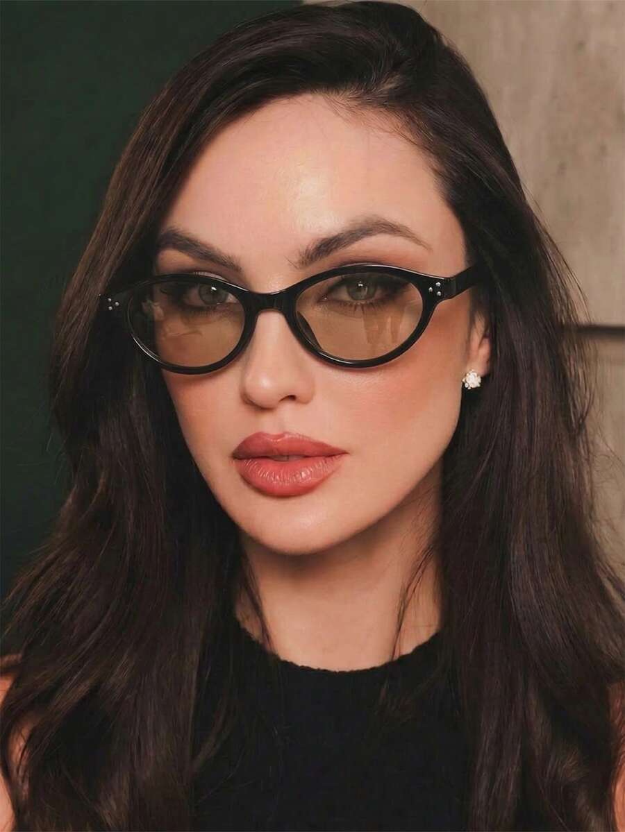1雙女款橢圓形PC鏡框復古著色個性化鉚釘街頭風時尚眼鏡 - 亮黑茶 - 查看 1