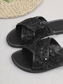 Shiny Colorful Sequin Criss-Cross Strap Slide Sandals, Fashionable Versatile Slip-On For Summer - Black - View 6