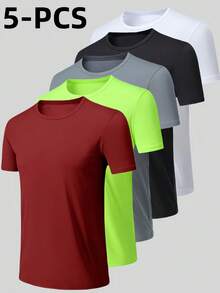 5pcs/Set Men's Quick-Dry Lightweight Short Sleeve, Round Neck Solid Color Breathable T-Shirt Suitable For Cycling, Outdoor, Gym, Running, Outdoor Activities - Multicolor - View 6