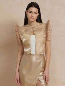 1pc Modern Filipiniana Top With Butterfly Sleeves, Button-Up Short Sleeve Cardigan Blouse For Women, Suitable For Festivals, Weddings, Office - Champagne - View 4