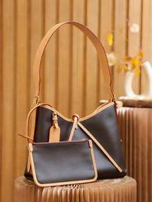 Brown And Beige Leather Tote Bag Set With Small Pouch - Height 24 Cm X Width 29 Cm X Depth 12 Cm, Women's Fashion Shoulder Handbag, Casual Work Everyday Use - Marrón - Ver 3