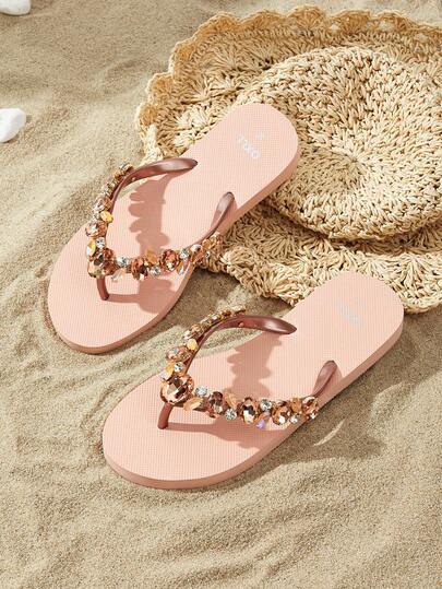 OXLL Handmade Crystal Embellished Women's Flat Flip Flops, Bohemian Style Beach Sandals, Summer New Arrival