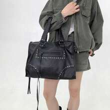 Y2K Vintage Women's Vegan Leather Tote Bag, Large Capacity Rivet Splicing Personalized Street Shoulder Bag - Black - View 4